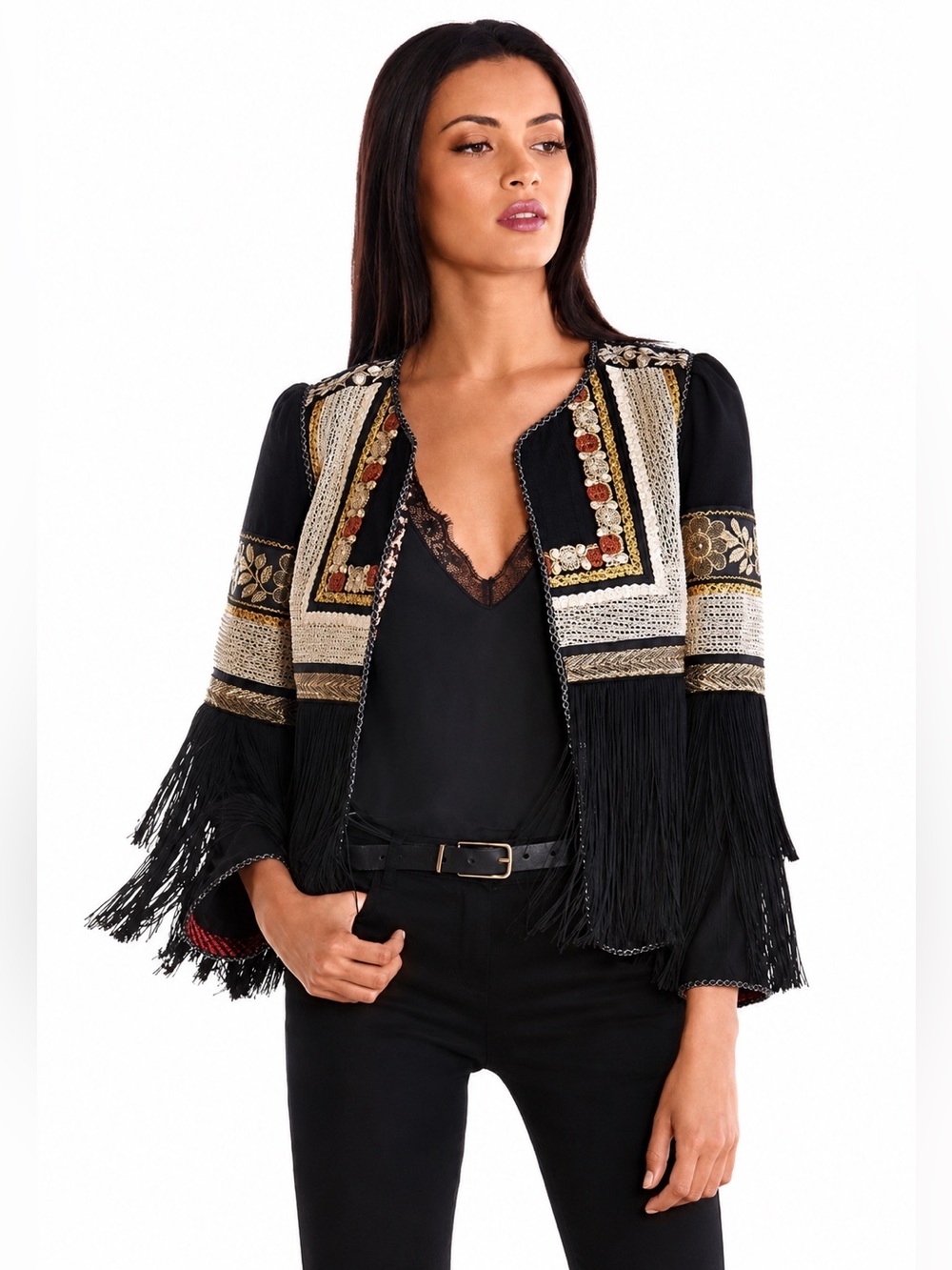 Embroidered Black Fringe Boho Jacket with Gold & Cream Accents